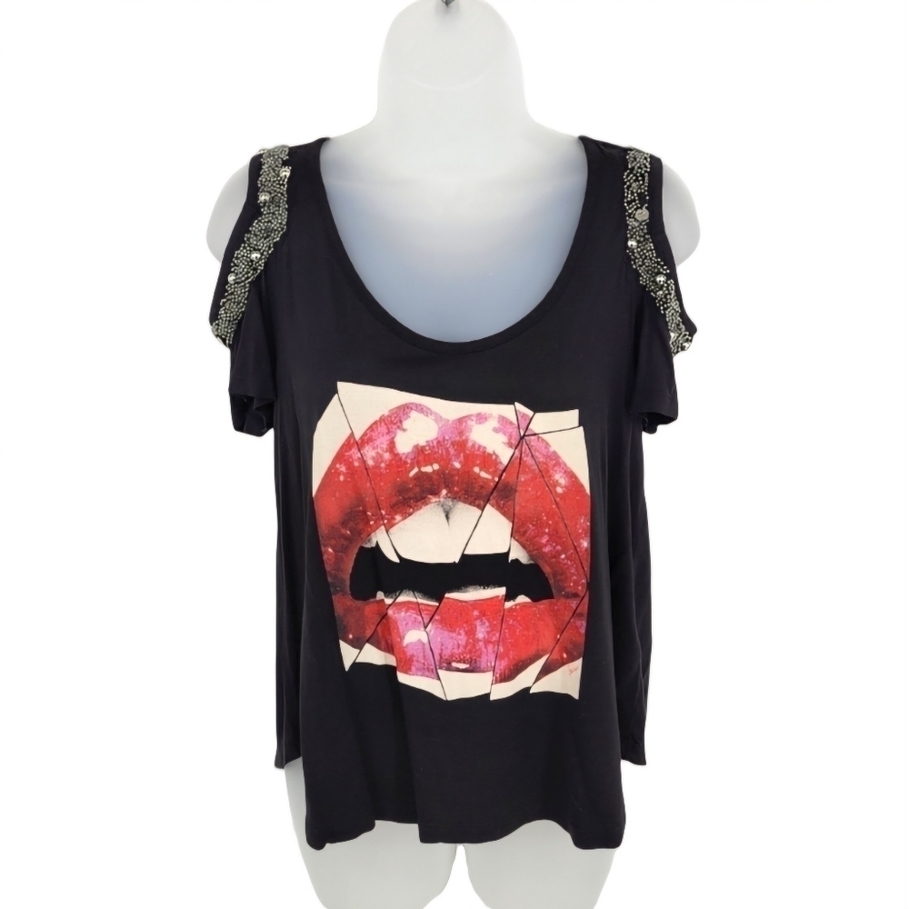 Guess Black Cold Shoulder‎ TShirt Graphic Lips Rhinestone Embellished Size S